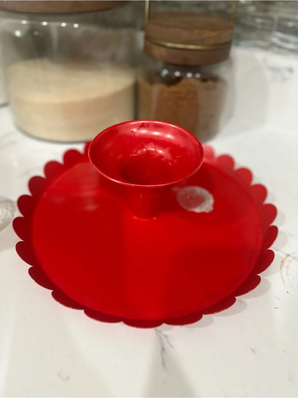 Red Scalloped Metal Pedestal Cake Stand- 10in
